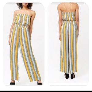 FOREVER 21 STRIPES STRAPLESS SMOCKED WAIST SILK LIKE WIDE LEG WOMEN'S JUMPSUIT